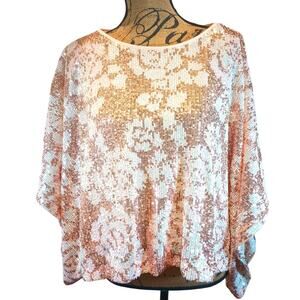 ENTRO WOMEN'S MEDIUM PINK GOLD SEQUIN PONCHO DOLMAN BLOUSE TOP
